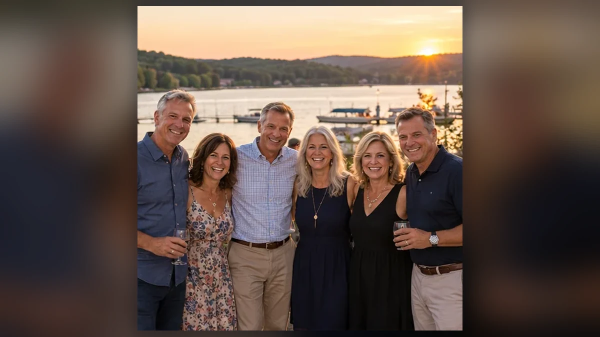 Fictional friends posing at a reunion