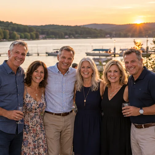 Friends smiling together at a fictional reunion by the lake