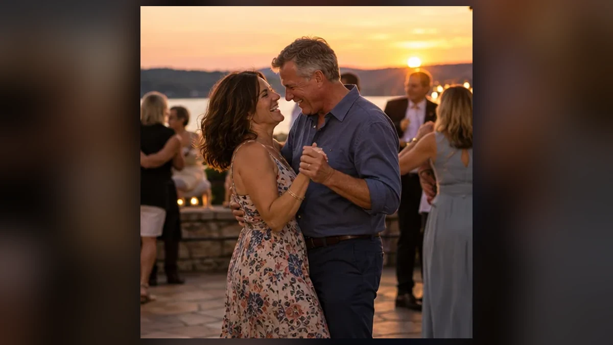 Two friends dancing at a fictional reunion